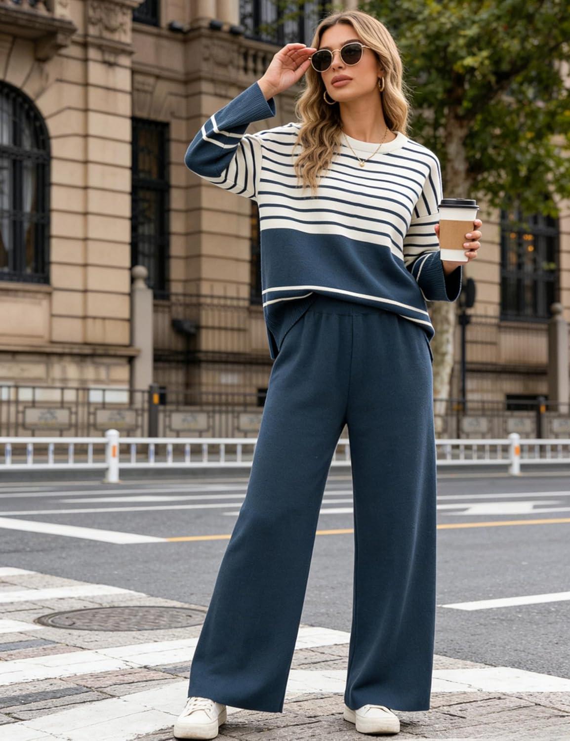 imageTanming Womens Lounge Set 2 Piece Outfit Striped Knit Pullover Sweater Top Wide Leg Pants TracksuitNavy
