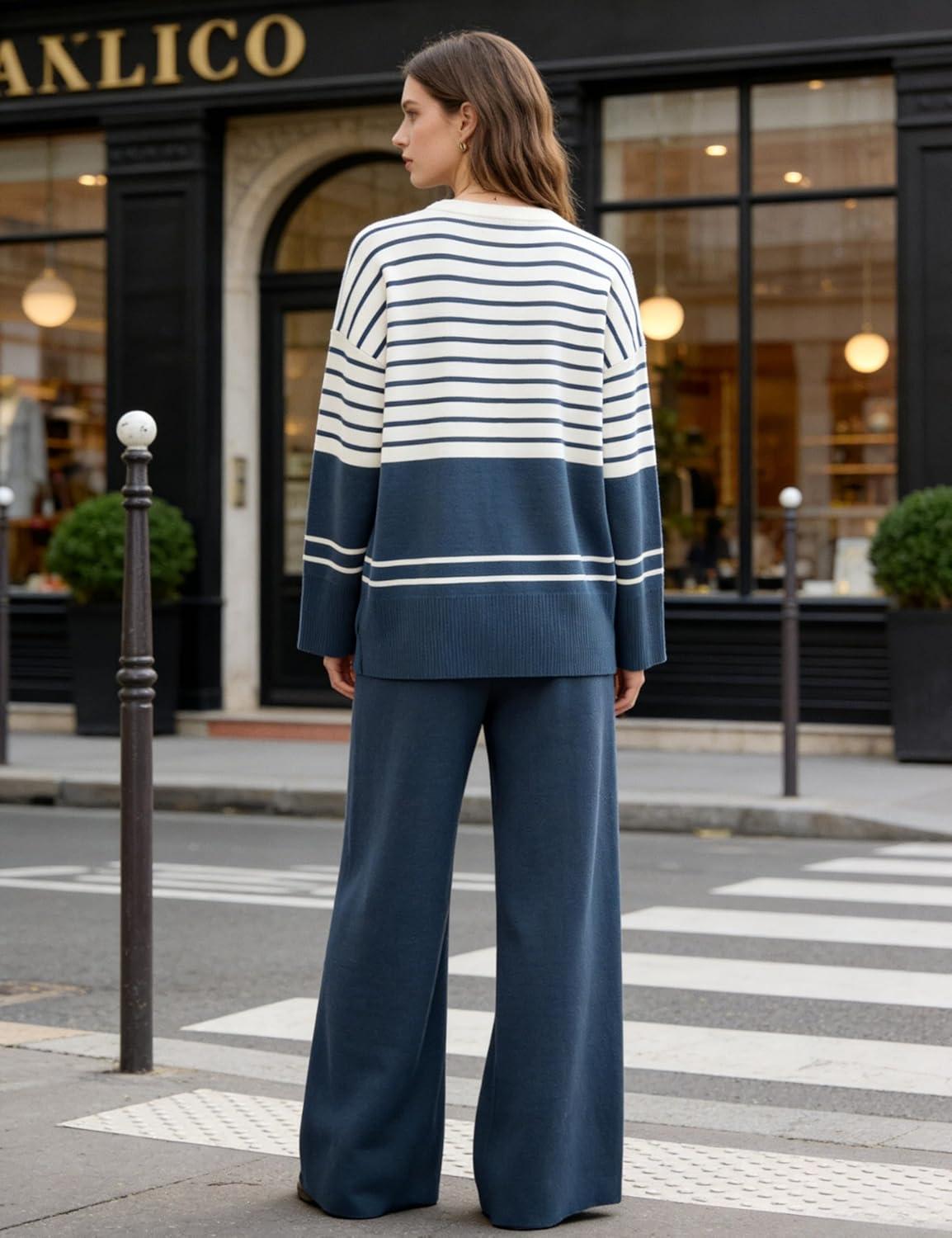 imageTanming Womens Lounge Set 2 Piece Outfit Striped Knit Pullover Sweater Top Wide Leg Pants TracksuitNavy