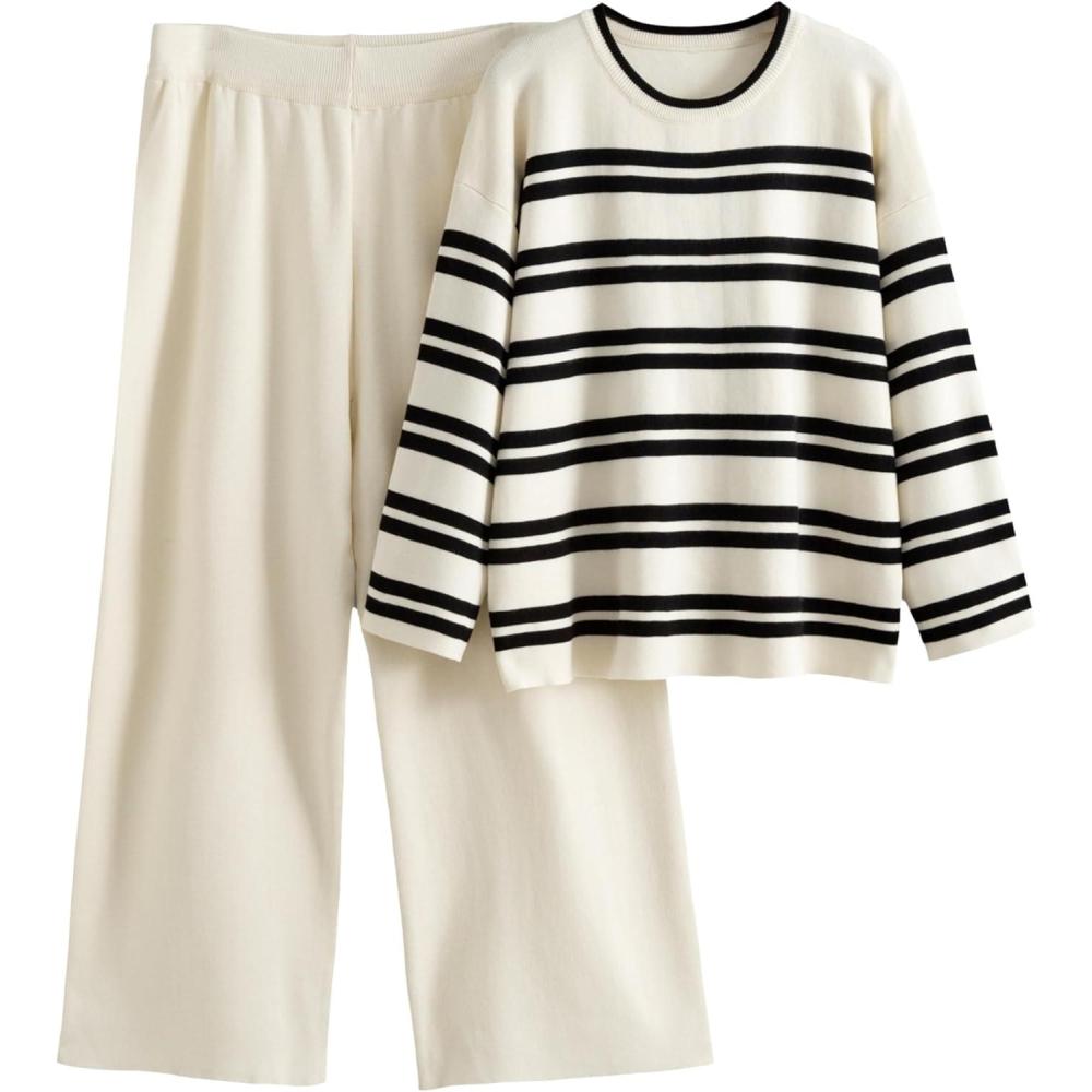 imageTanming 2 Piece Sets for Women Striped Long Sleeve Top High Waist Wide Leg Pants Casual Loungewear TracksuitBeige