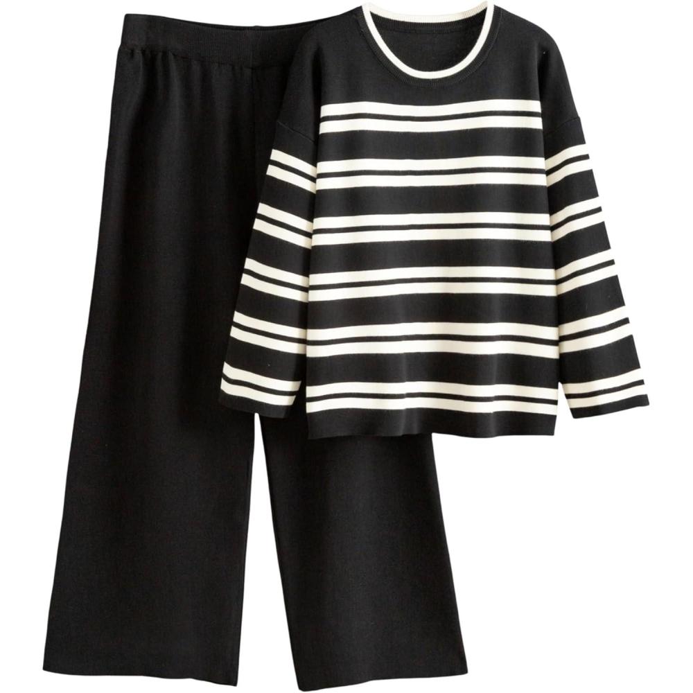 imageTanming 2 Piece Sets for Women Striped Long Sleeve Top High Waist Wide Leg Pants Casual Loungewear TracksuitBlack