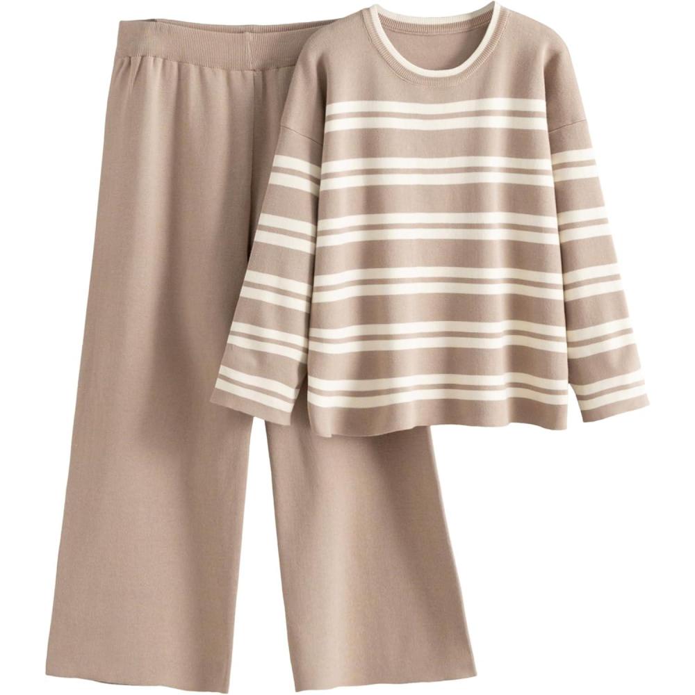 imageTanming 2 Piece Sets for Women Striped Long Sleeve Top High Waist Wide Leg Pants Casual Loungewear TracksuitKhaki