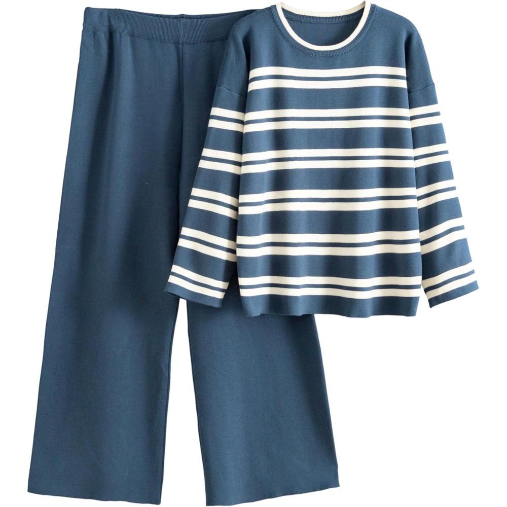 imageTanming 2 Piece Sets for Women Striped Long Sleeve Top High Waist Wide Leg Pants Casual Loungewear TracksuitNavy