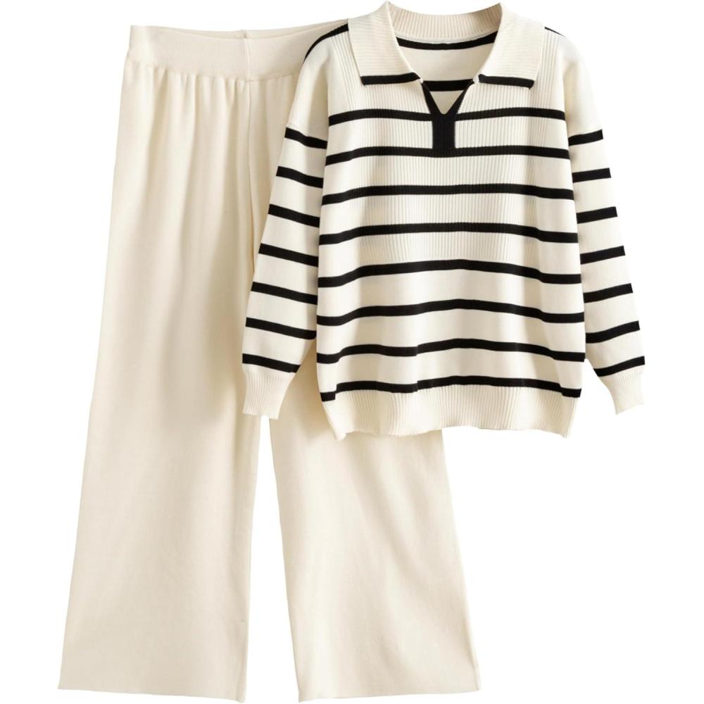 imageTanming Lounge Sets for Women Striped Collar V Neck Sweatsuit Wide Leg Pants Casual Loungewear TracksuitBeige