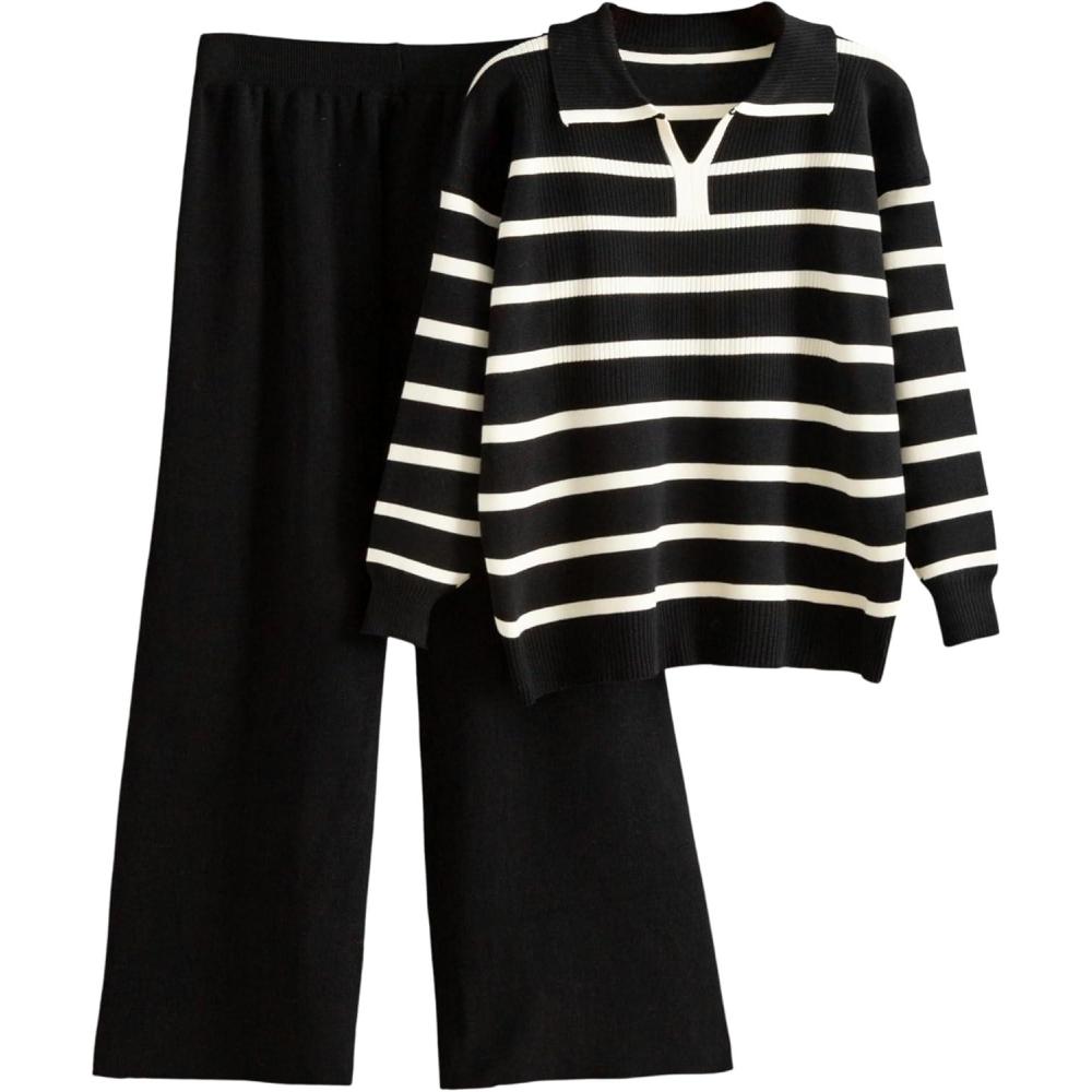 imageTanming Lounge Sets for Women Striped Collar V Neck Sweatsuit Wide Leg Pants Casual Loungewear TracksuitBlack
