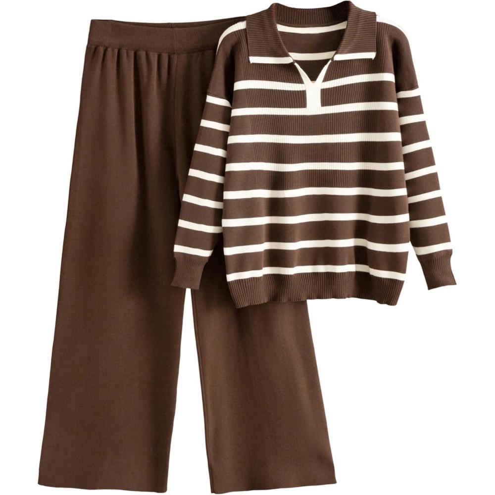 imageTanming Lounge Sets for Women Striped Collar V Neck Sweatsuit Wide Leg Pants Casual Loungewear TracksuitCoffee