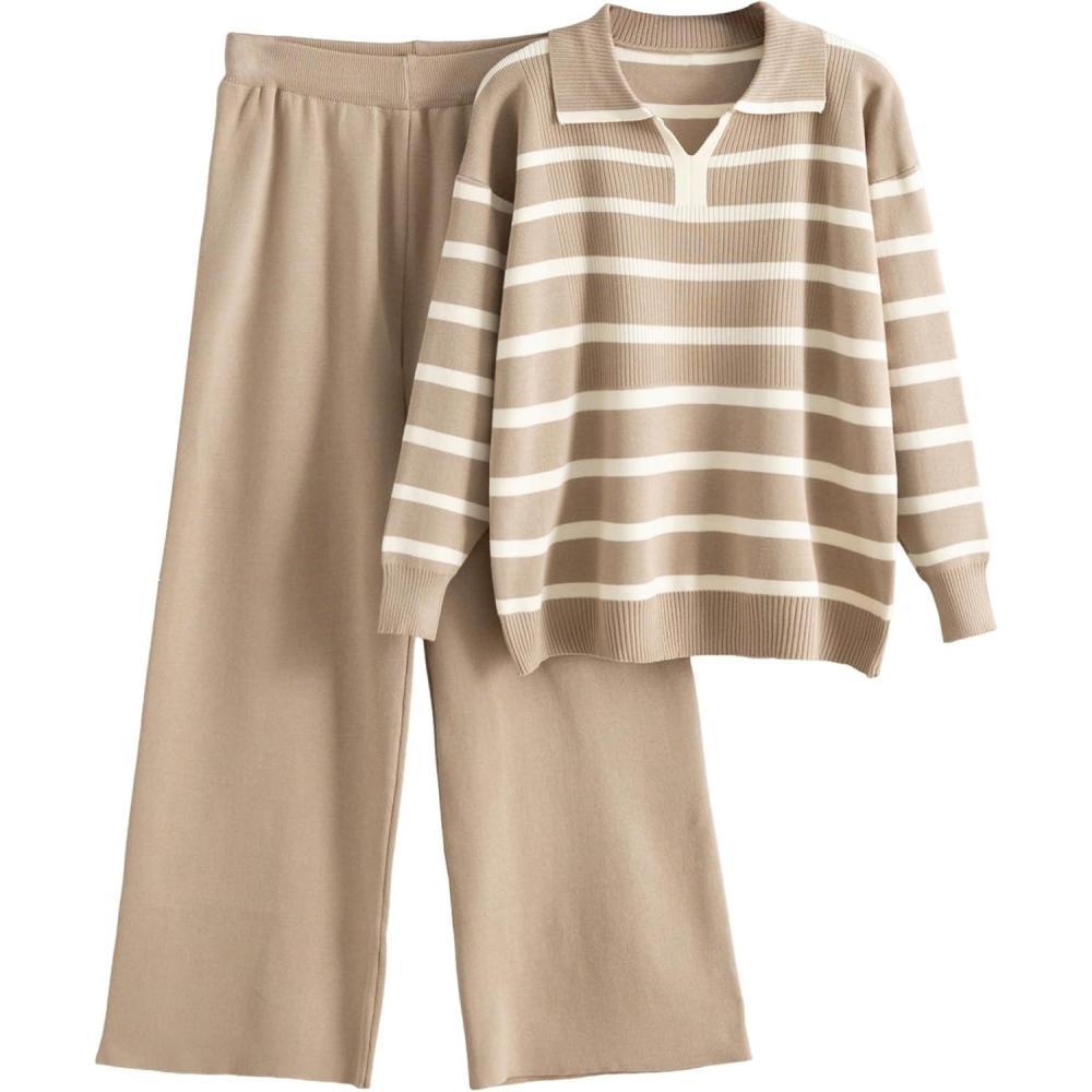 imageTanming Lounge Sets for Women Striped Collar V Neck Sweatsuit Wide Leg Pants Casual Loungewear TracksuitKhaki