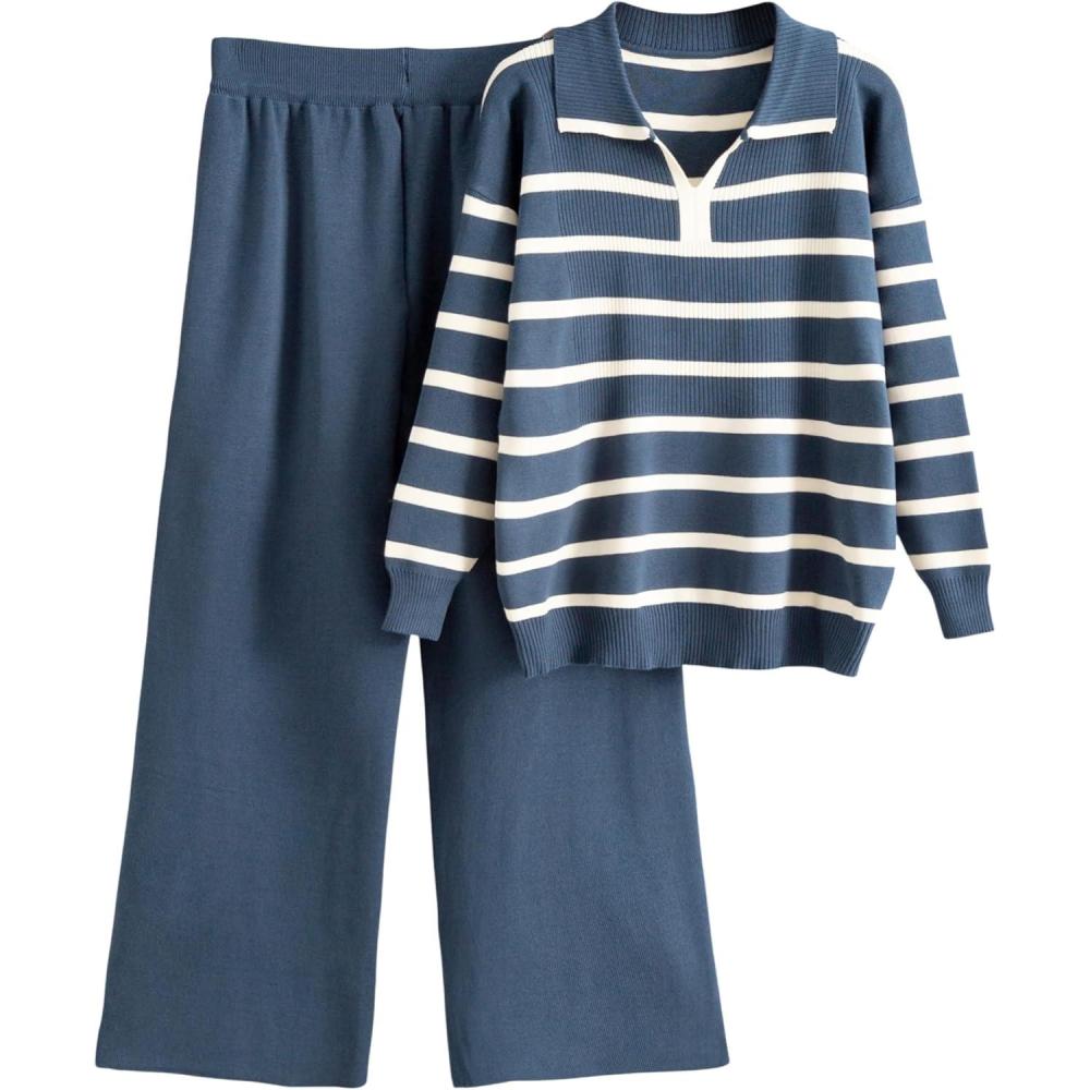 imageTanming Lounge Sets for Women Striped Collar V Neck Sweatsuit Wide Leg Pants Casual Loungewear TracksuitNavy