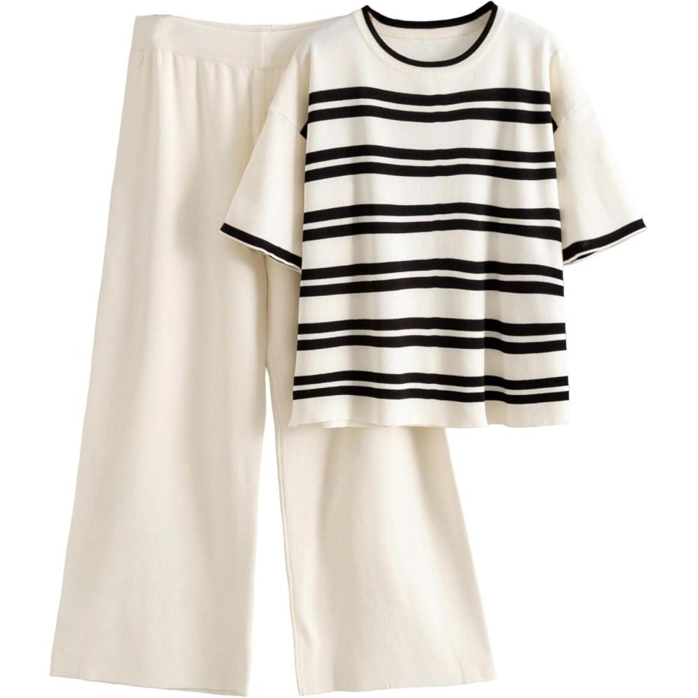 imageTanming Womens 2 Piece Knit Sets Travel Outfits Striped Short Sleeve Top Wide Leg Pants Lounge TracksuitsBeige