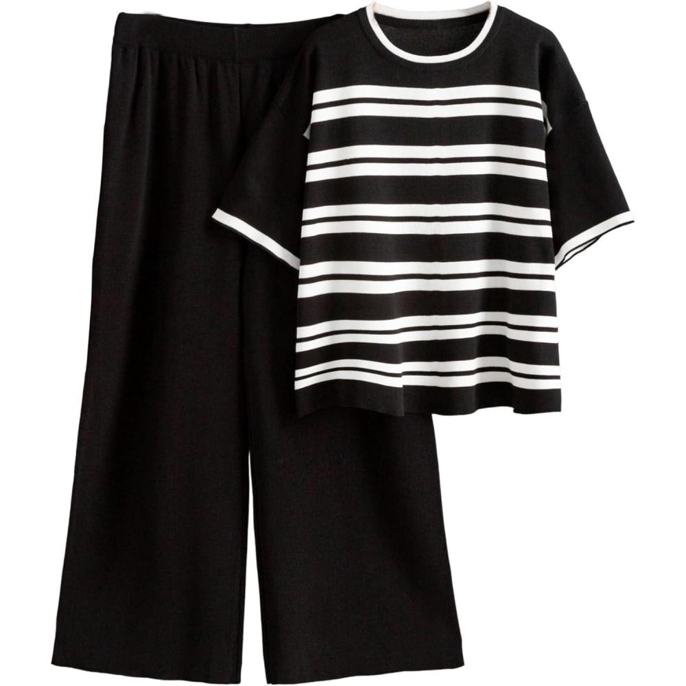 imageTanming Womens 2 Piece Knit Sets Travel Outfits Striped Short Sleeve Top Wide Leg Pants Lounge TracksuitsBlack