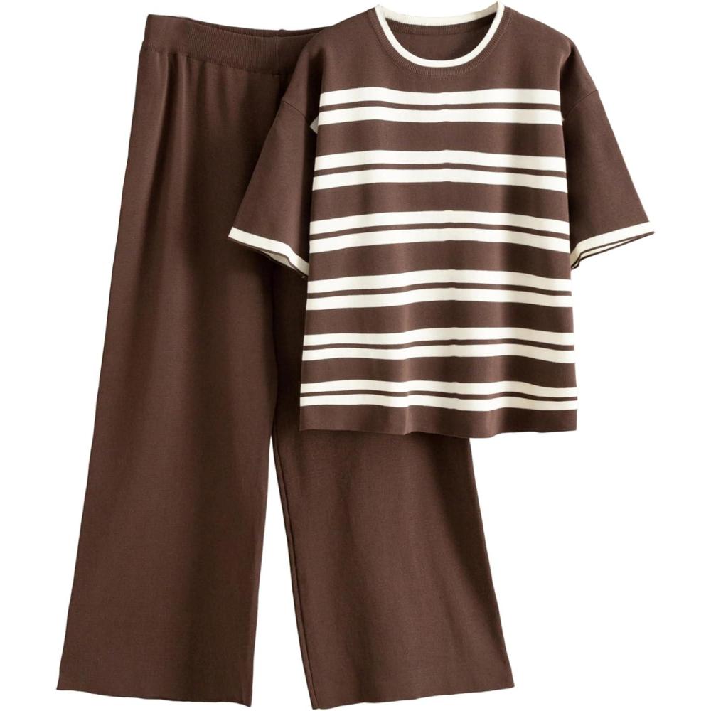 imageTanming Womens 2 Piece Knit Sets Travel Outfits Striped Short Sleeve Top Wide Leg Pants Lounge TracksuitsCoffee