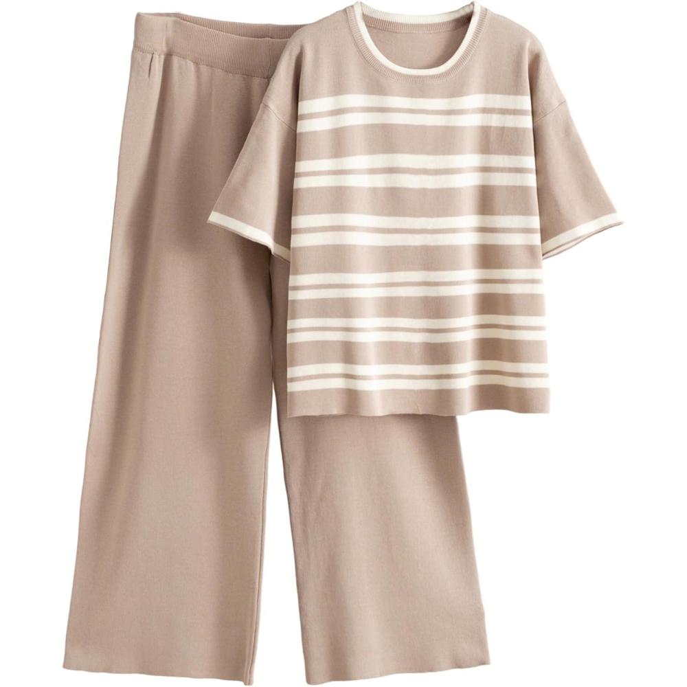 imageTanming Womens 2 Piece Knit Sets Travel Outfits Striped Short Sleeve Top Wide Leg Pants Lounge TracksuitsKhaki