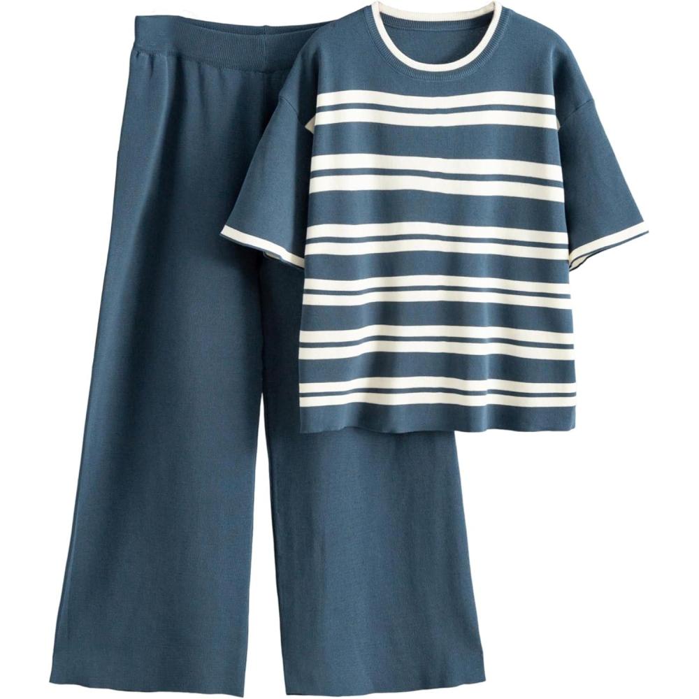 imageTanming Womens 2 Piece Knit Sets Travel Outfits Striped Short Sleeve Top Wide Leg Pants Lounge TracksuitsNavy