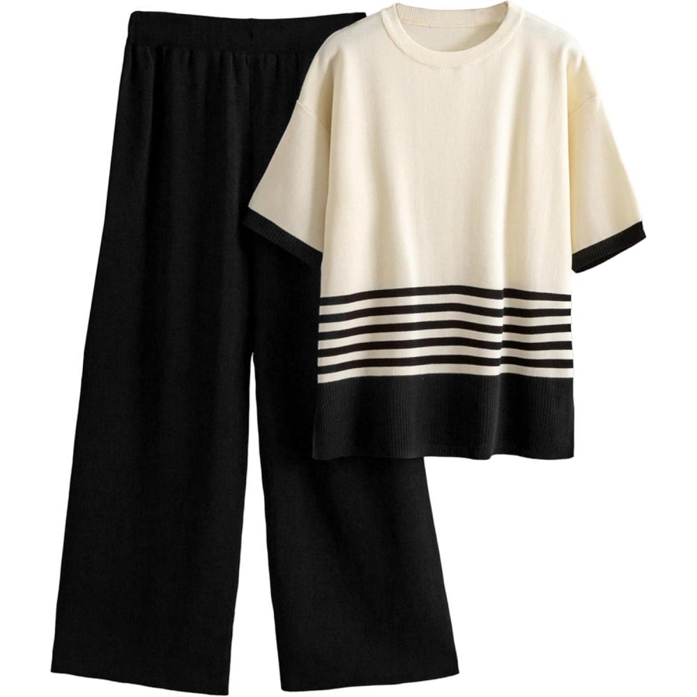 imageTanming Womens 2 Piece Lounge Set Striped Short Sleeve Top Wide Leg Pants Knit Sets Loose Fit Travel OutfitsBlack