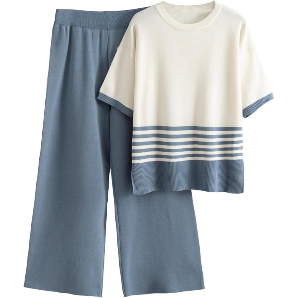 imageTanming Womens 2 Piece Lounge Set Striped Short Sleeve Top Wide Leg Pants Knit Sets Loose Fit Travel OutfitsBlue