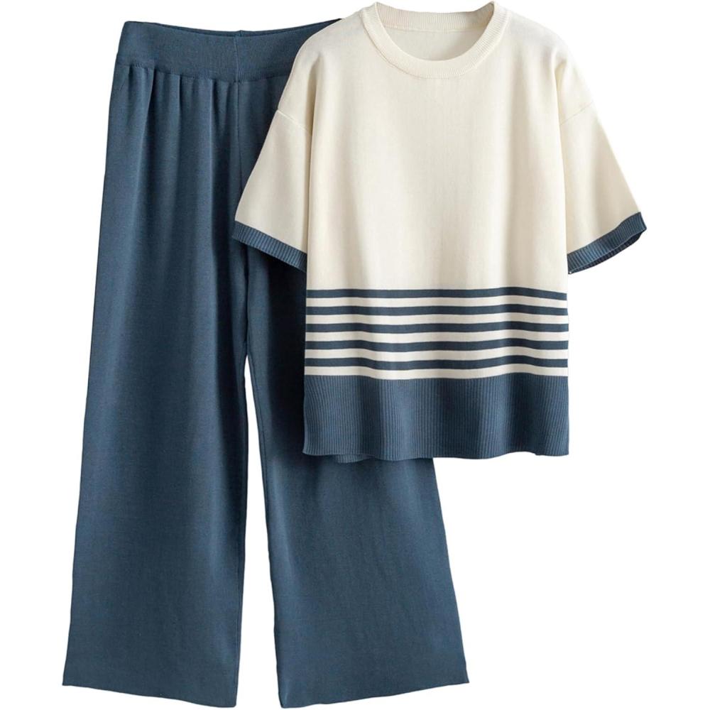 imageTanming Womens 2 Piece Lounge Set Striped Short Sleeve Top Wide Leg Pants Knit Sets Loose Fit Travel OutfitsNavy
