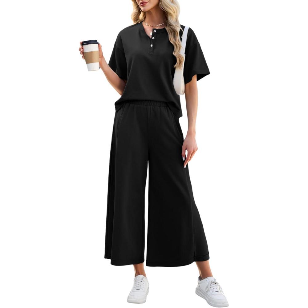 imageTanming Womens 2 Piece Outfits Short Sleeve Top Wide Leg Pants Travel Vacation Lounge Set TracksuitsBlack