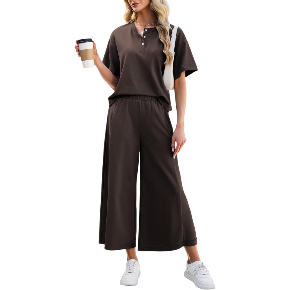 imageTanming Womens 2 Piece Outfits Short Sleeve Top Wide Leg Pants Travel Vacation Lounge Set TracksuitsCoffee