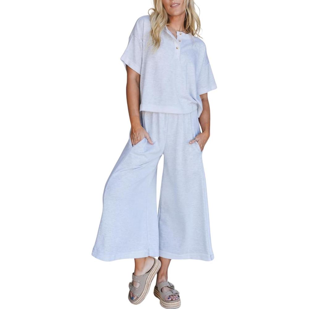 imageTanming Womens 2 Piece Outfits Short Sleeve Top Wide Leg Pants Travel Vacation Lounge Set TracksuitsLight Grey