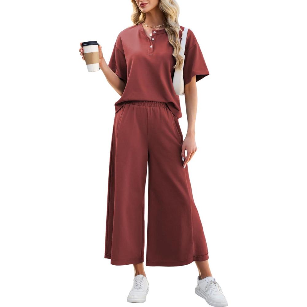 imageTanming Womens 2 Piece Outfits Short Sleeve Top Wide Leg Pants Travel Vacation Lounge Set TracksuitsRust