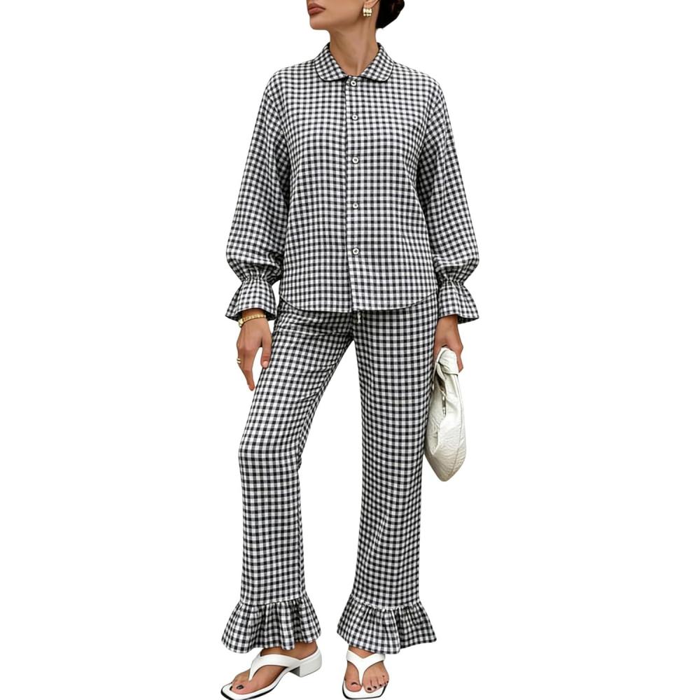 imageTanming Womens 2 Piece Set Outfits Gingham Plaid Long Sleeve Plaid Button Down Shirt Wide Leg Pants Lounge Pj SetBlack
