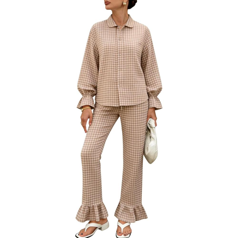 imageTanming Womens 2 Piece Set Outfits Gingham Plaid Long Sleeve Plaid Button Down Shirt Wide Leg Pants Lounge Pj SetBrown