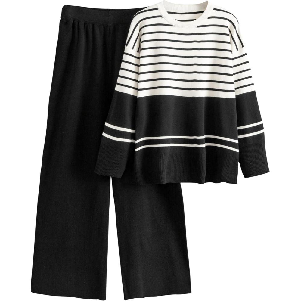 imageTanming Womens Lounge Set 2 Piece Outfit Striped Knit Pullover Sweater Top Wide Leg Pants TracksuitBlack