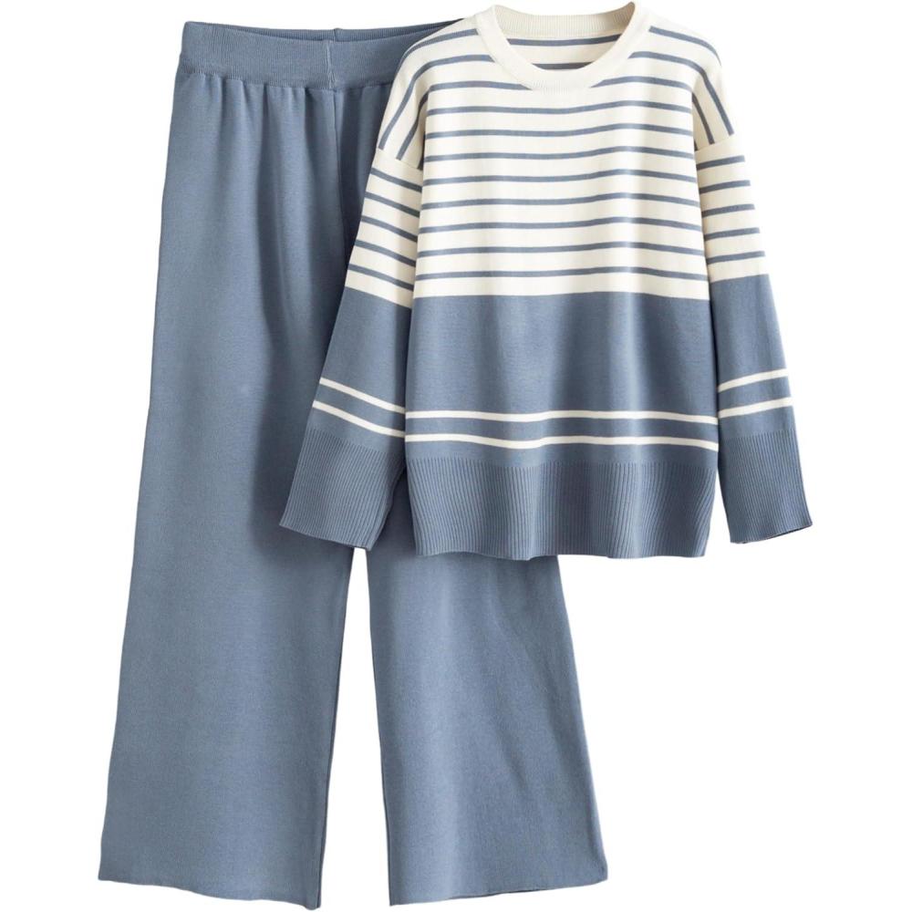 imageTanming Womens Lounge Set 2 Piece Outfit Striped Knit Pullover Sweater Top Wide Leg Pants TracksuitBlue