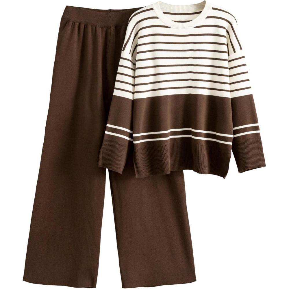 imageTanming Womens Lounge Set 2 Piece Outfit Striped Knit Pullover Sweater Top Wide Leg Pants TracksuitCoffee