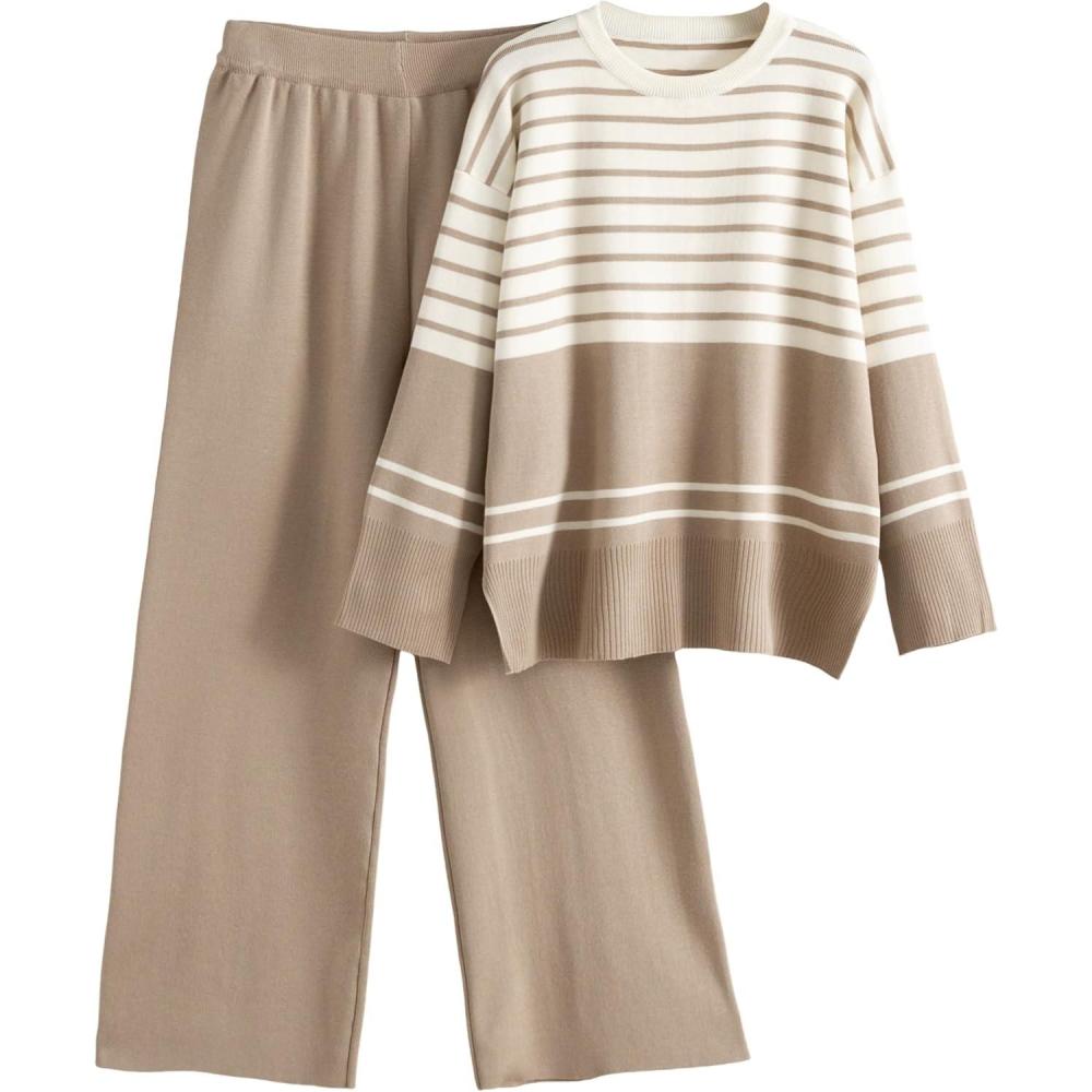 imageTanming Womens Lounge Set 2 Piece Outfit Striped Knit Pullover Sweater Top Wide Leg Pants TracksuitKhaki