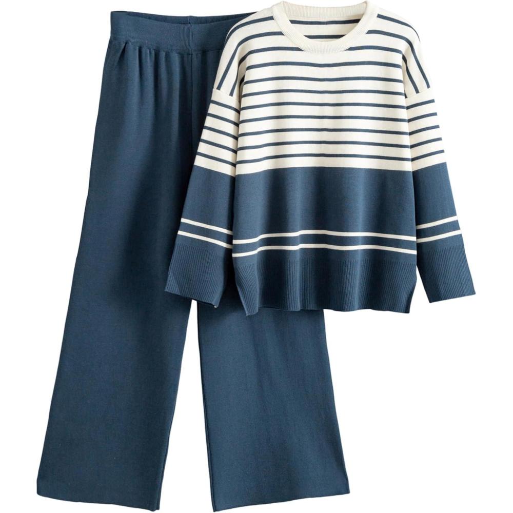 imageTanming Womens Lounge Set 2 Piece Outfit Striped Knit Pullover Sweater Top Wide Leg Pants TracksuitNavy