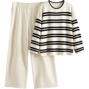 Tanming 2 Piece Sets for Women Striped Long Sleeve Top High Waist Wide Leg Pants Casual Loungewear Tracksuit(Beige)