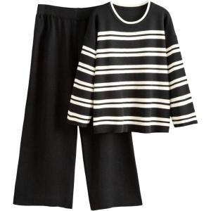 Tanming 2 Piece Sets for Women Striped Long Sleeve Top High Waist Wide Leg Pants Casual Loungewear Tracksuit(Black)