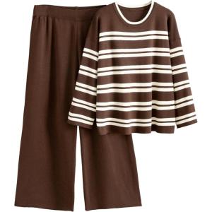 Tanming 2 Piece Sets for Women Striped Long Sleeve Top High Waist Wide Leg Pants Casual Loungewear Tracksuit(Coffee)