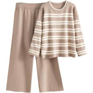 Tanming 2 Piece Sets for Women Striped Long Sleeve Top High Waist Wide Leg Pants Casual Loungewear Tracksuit(Khaki)