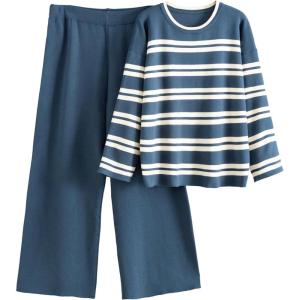 Tanming 2 Piece Sets for Women Striped Long Sleeve Top High Waist Wide Leg Pants Casual Loungewear Tracksuit(Navy)