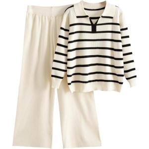 Tanming Lounge Sets for Women Striped Collar V Neck Sweatsuit Wide Leg Pants Casual Loungewear Tracksuit(Beige)