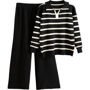Tanming Lounge Sets for Women Striped Collar V Neck Sweatsuit Wide Leg Pants Casual Loungewear Tracksuit(Black)