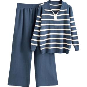 Tanming Lounge Sets for Women Striped Collar V Neck Sweatsuit Wide Leg Pants Casual Loungewear Tracksuit(Navy)