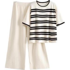 Tanming Womens 2 Piece Knit Sets Travel Outfits Striped Short Sleeve Top Wide Leg Pants Lounge Tracksuits(Beige)