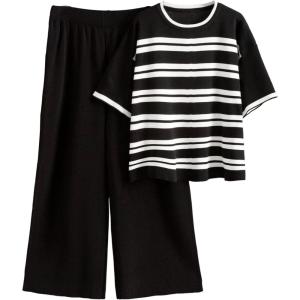 Tanming Womens 2 Piece Knit Sets Travel Outfits Striped Short Sleeve Top Wide Leg Pants Lounge Tracksuits(Black)