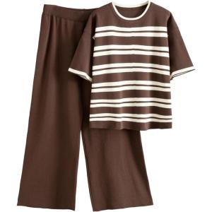 Tanming Womens 2 Piece Knit Sets Travel Outfits Striped Short Sleeve Top Wide Leg Pants Lounge Tracksuits(Coffee)