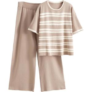 Tanming Womens 2 Piece Knit Sets Travel Outfits Striped Short Sleeve Top Wide Leg Pants Lounge Tracksuits(Khaki)