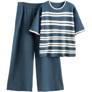 Tanming Womens 2 Piece Knit Sets Travel Outfits Striped Short Sleeve Top Wide Leg Pants Lounge Tracksuits(Navy)
