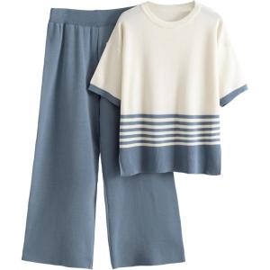 Tanming Womens 2 Piece Lounge Set Striped Short Sleeve Top Wide Leg Pants Knit Sets Loose Fit Travel Outfits(Blue)