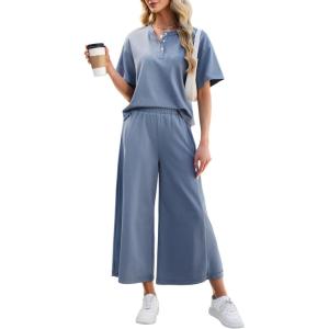 Tanming Womens 2 Piece Outfits Short Sleeve Top Wide Leg Pants Travel Vacation Lounge Set Tracksuits(Grey Blue)