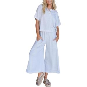Tanming Womens 2 Piece Outfits Short Sleeve Top Wide Leg Pants Travel Vacation Lounge Set Tracksuits(Light Grey)
