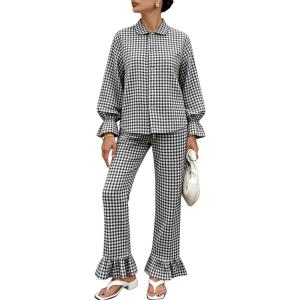 Tanming Women’s 2 Piece Set Outfits Gingham Plaid Long Sleeve Plaid Button Down Shirt Wide Leg Pants Lounge Pj Set(Black)