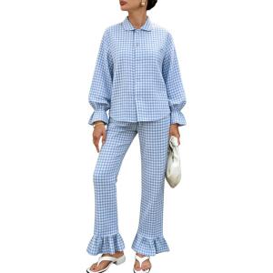 Tanming Women’s 2 Piece Set Outfits Gingham Plaid Long Sleeve Plaid Button Down Shirt Wide Leg Pants Lounge Pj Set(Blue)