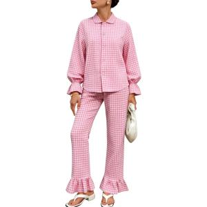 Tanming Women’s 2 Piece Set Outfits Gingham Plaid Long Sleeve Plaid Button Down Shirt Wide Leg Pants Lounge Pj Set(Pink)
