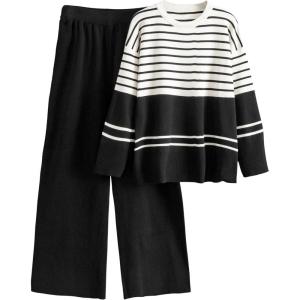 Tanming Womens Lounge Set 2 Piece Outfit Striped Knit Pullover Sweater Top Wide Leg Pants Tracksuit(Black)